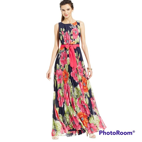 Eliza J Dresses & Skirts - Eliza J  Blue and Pink Floral Sleevless pleated long maxi Dress Size 14